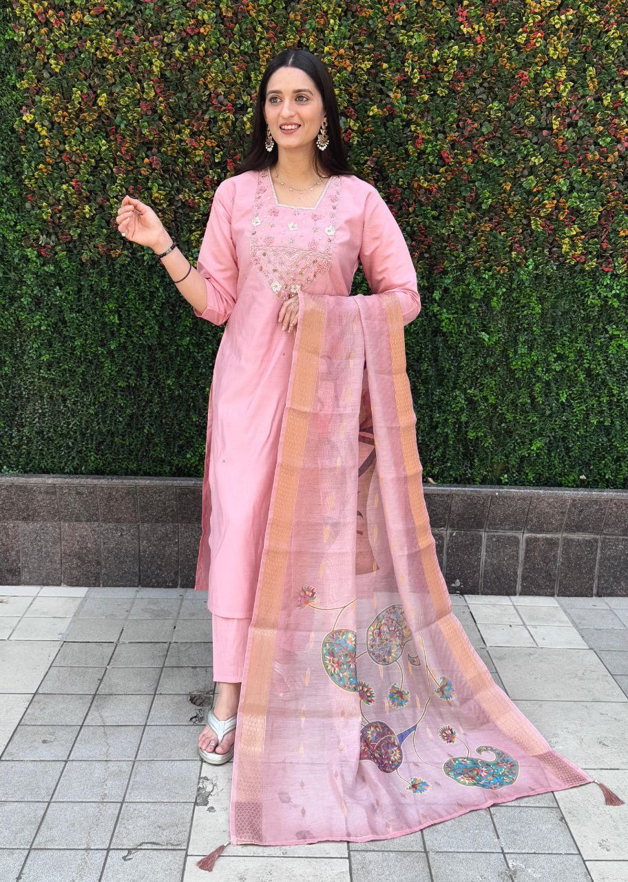 Elegant light pink special wedding wear kurti, pant, and dupatta set.