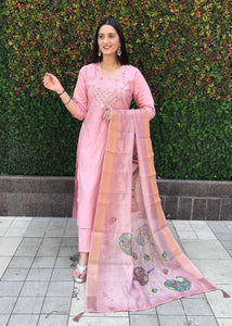 Light Pink Special Wedding Wear Kurti Pant Dupatta Set | TRENDBUY
