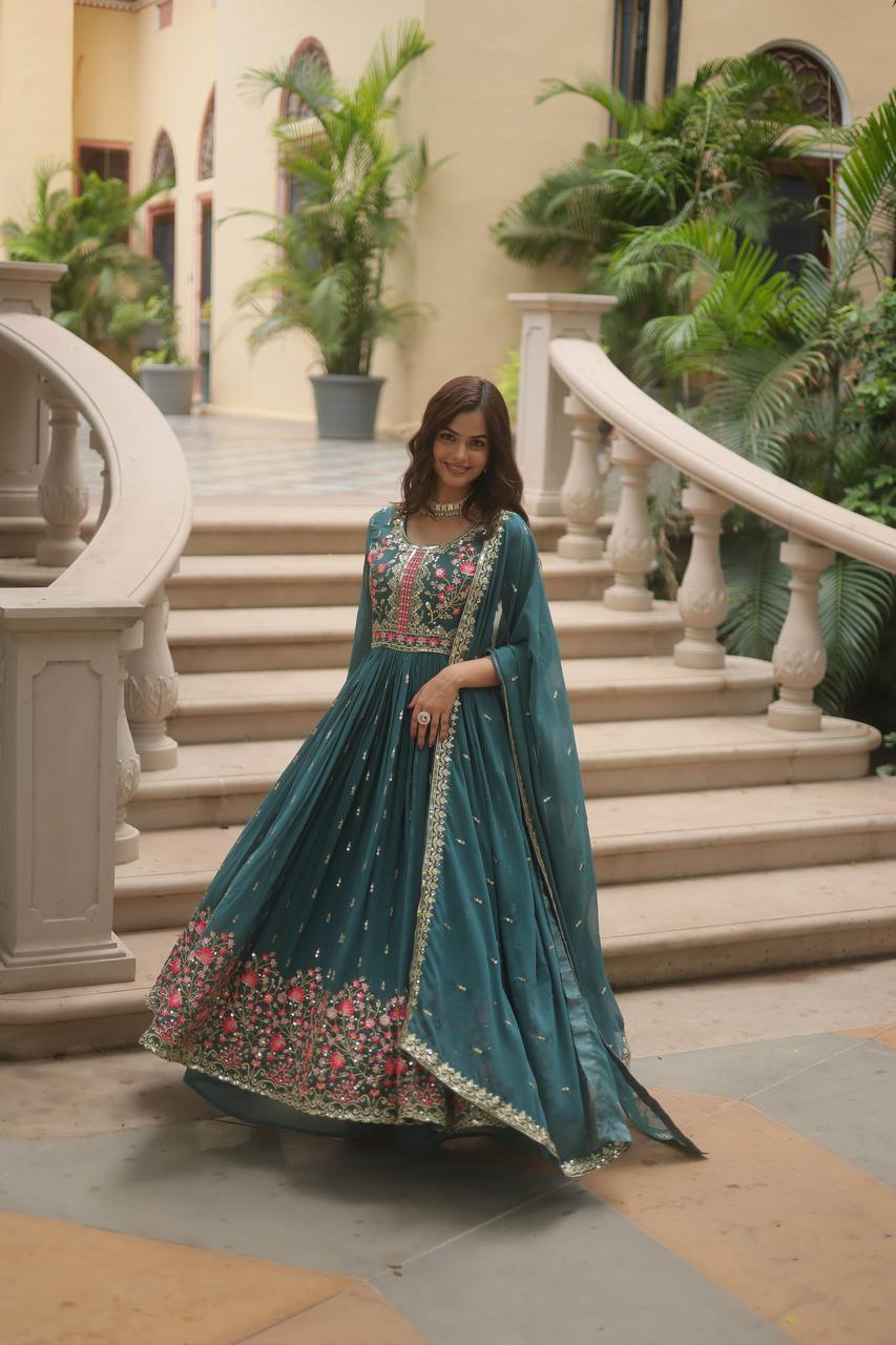 Elegant long top readymade sharara suit with matching dupatta, featuring intricate gold embroidery.