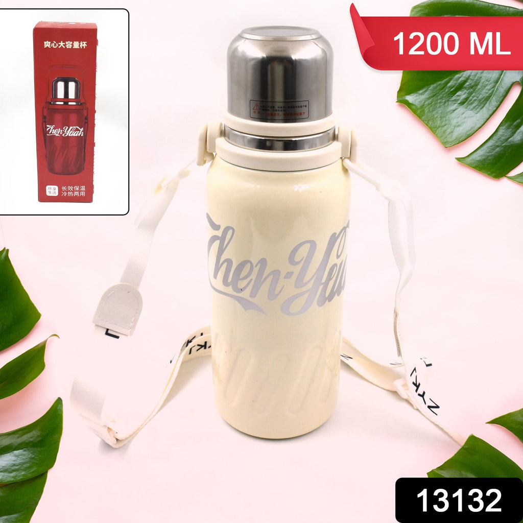 Stainless steel vacuum insulated water bottle with black lid, hanging strap. Leak-proof wide mouth flask for hot/cold drinks.