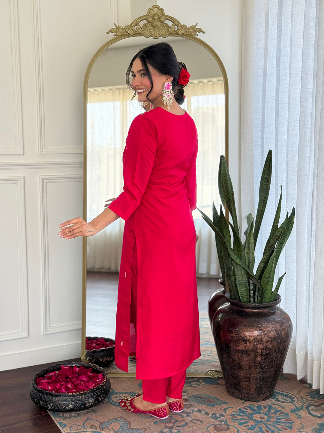 Rear view of TRENDBUY's pink Roman Silk kurta and pants, emphasizing the comfortable fit and flow.
