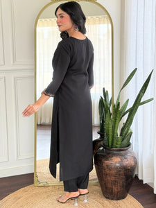 TRENDBUY VI-STREE Black Roman Silk Embroidered Kurti with Pant & Jacquard Dupatta Set