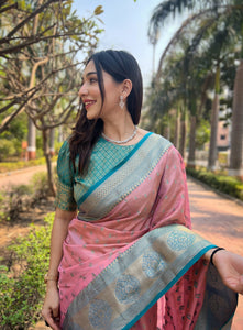 Premium Babypink Kanchipuram Tissue Silk Saree - Handcrafted Zari Woven Bridal & Festive Wear