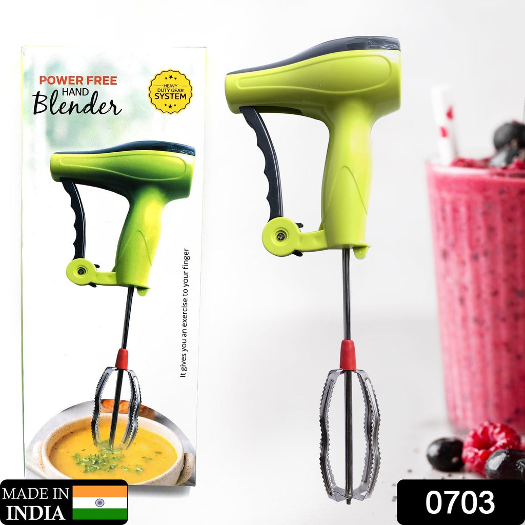 Manual hand blender with stainless steel blades actively mixing milk, lassi, or beating eggs.