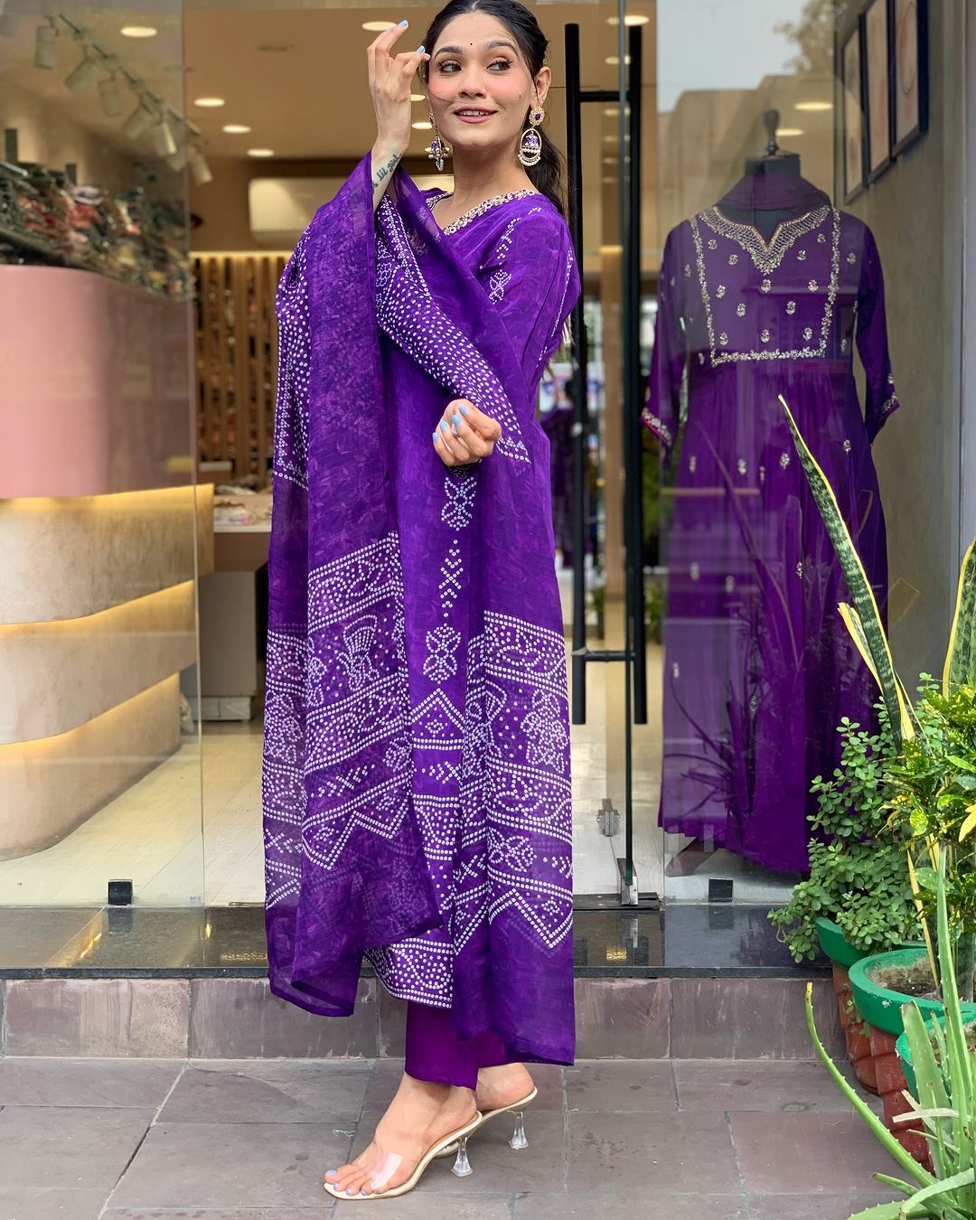 Elegant TRENDBUY woman in Purple kurta set, displaying the comfortable fit and stylish flow