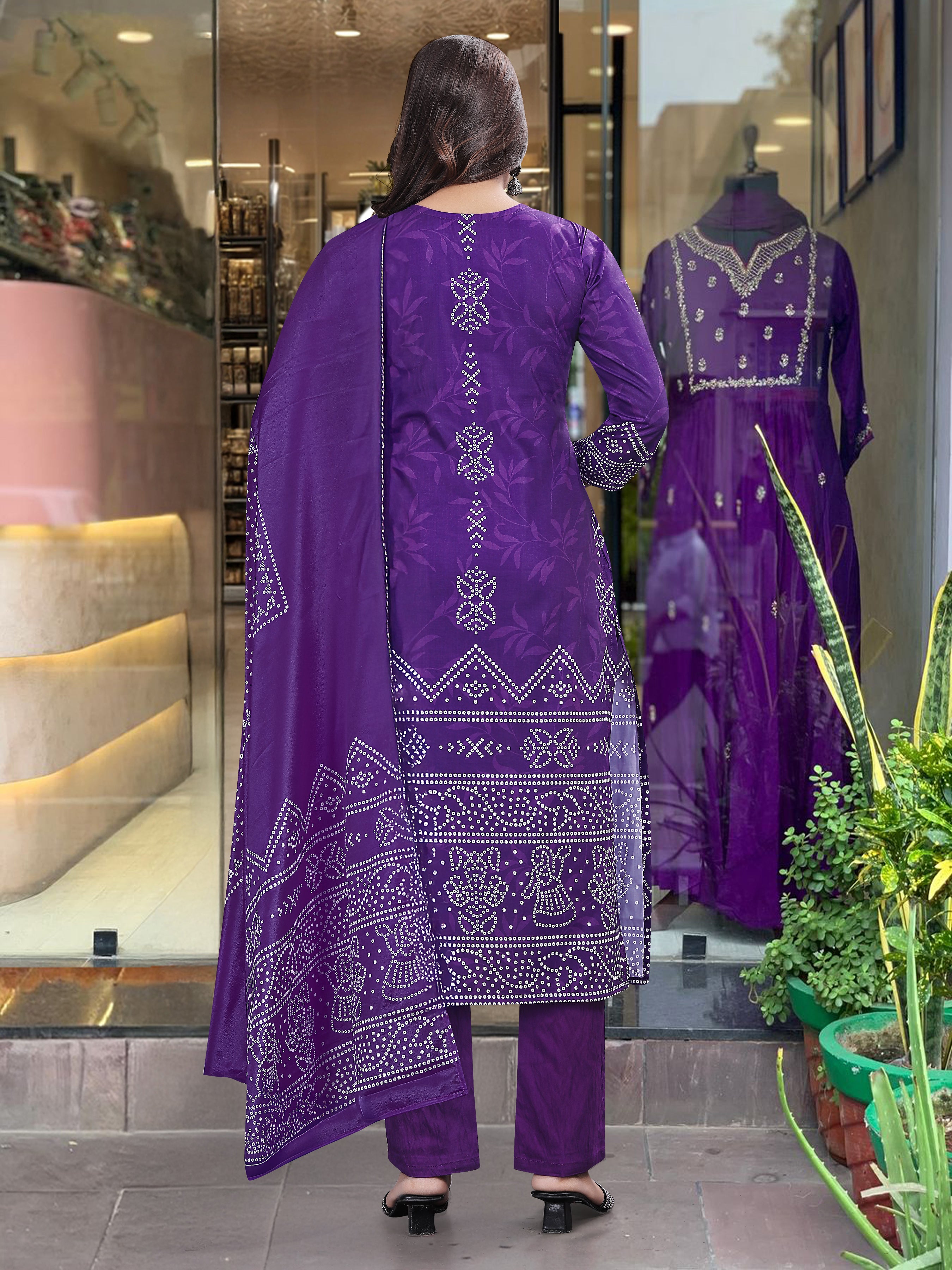 Full-length view of TRENDBUY woman in Purple French Crepe embroidered kurta set, highlighting the ethnic charm