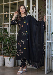 Women's Black Silk Blend Printed Straight Kurta Set with Pants & Nazmeen Dupatta