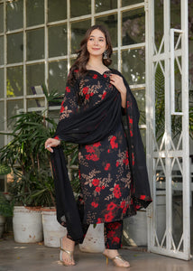 Women's Black Silk Blend Printed Straight Kurta Set with Pant & Nazmeen Dupatta | TRENDBUY Ethnic Wear