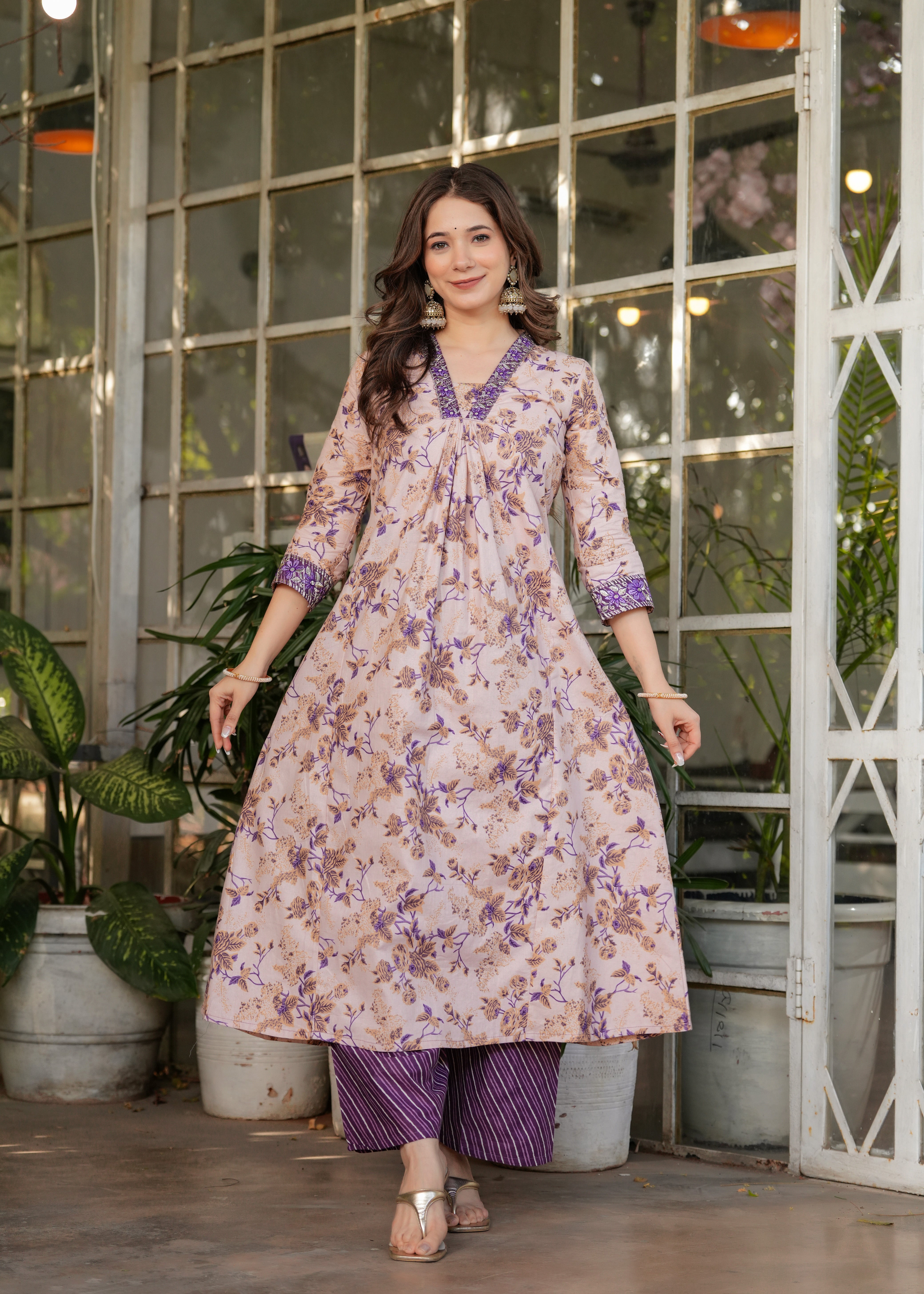Full length shot of TRENDBUY model in a printed straight kurta set, demonstrating the outfit's flow and fit.