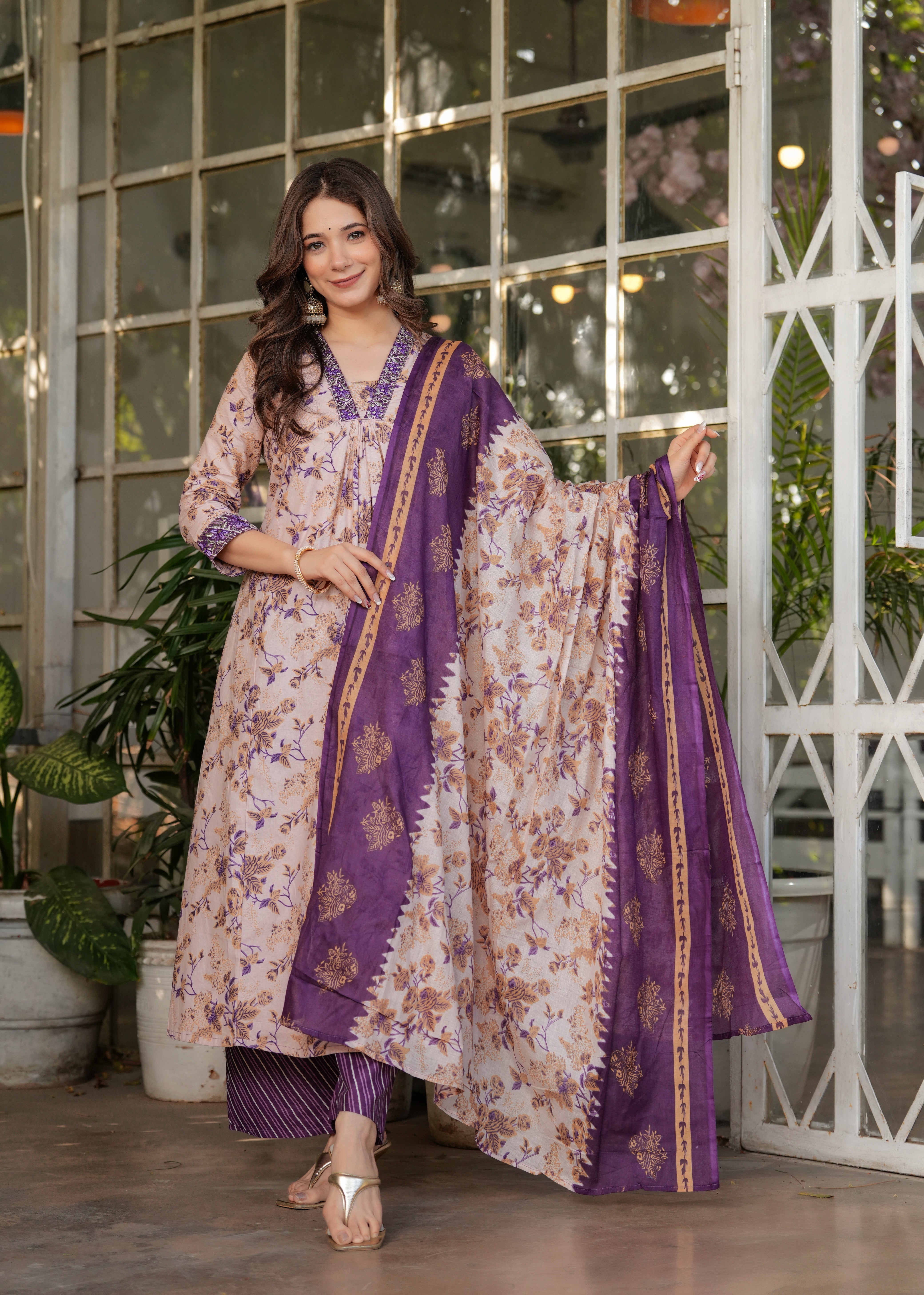 TRENDBUY Women's Pure Cotton Kurta Set, featuring a cream base with purple floral print and a striking Chanderi dupatta, model gracefully posing.