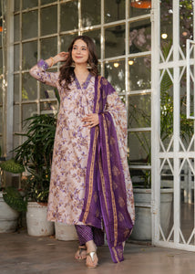 TRENDBUY Women's Pure Cotton Printed Straight Kurta Set with Pant & Chanderi Dupatta - Cream & Purple Floral