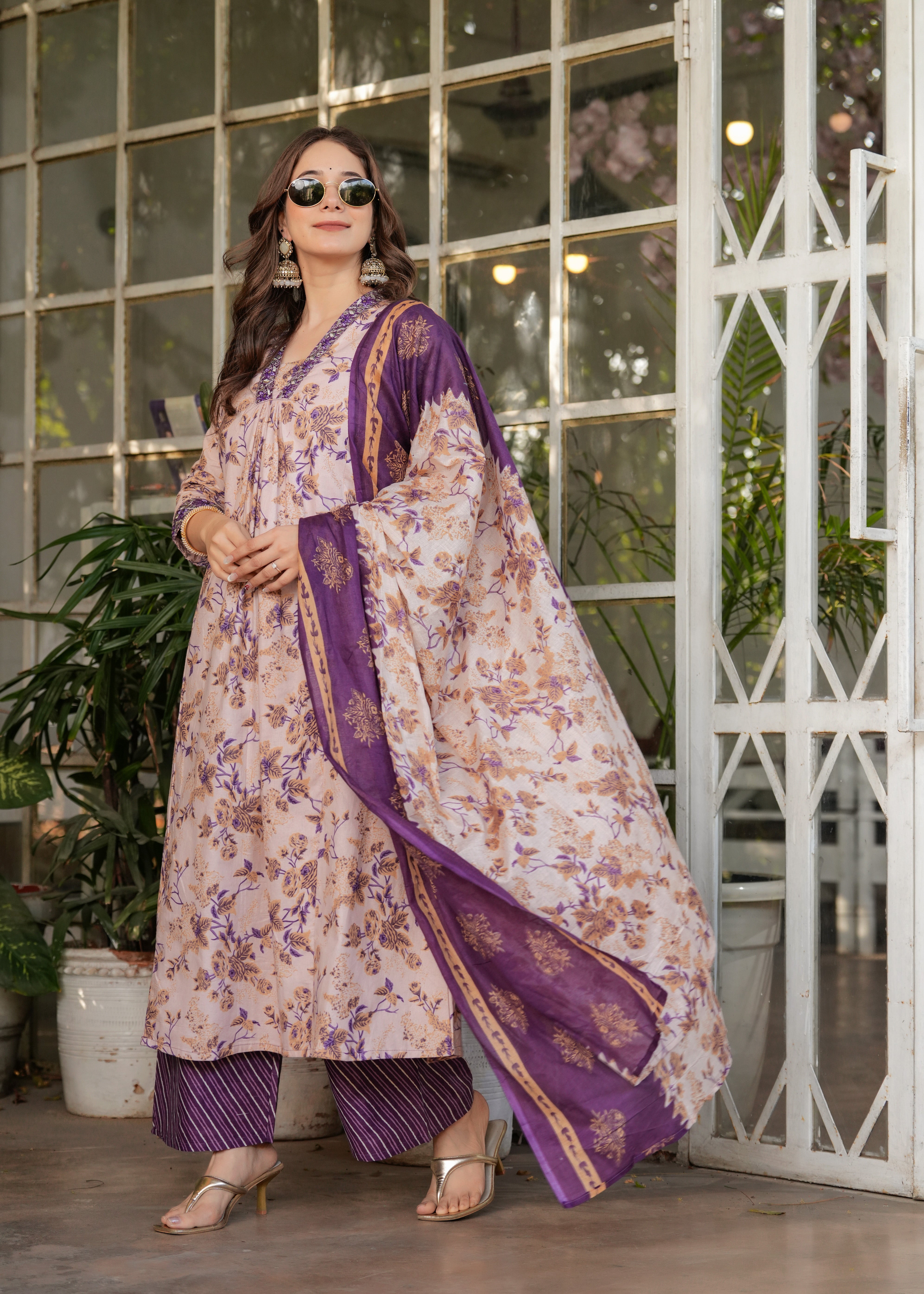Women's Pure Cotton Kurta Set by TRENDBUY, featuring a straight kurta, matching pants, and a flowy Chanderi dupatta.