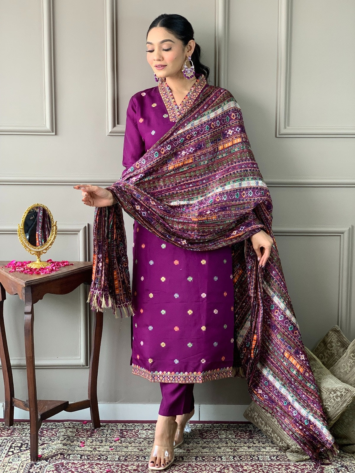Full-length view of woman in purple embroidered Viscose Chanderi kurta set with printed Chinon dupatta by TRENDBUY.