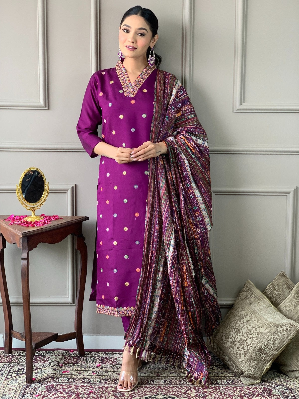 Full view of the stunning TRENDBUY purple Viscose Chanderi kurta set, emphasizing the embroidery and the beautiful dupatta print.