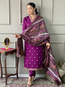 TRENDBUY Women's Viscose Chanderi Embroidered Kurta Set with Chinon Dupatta