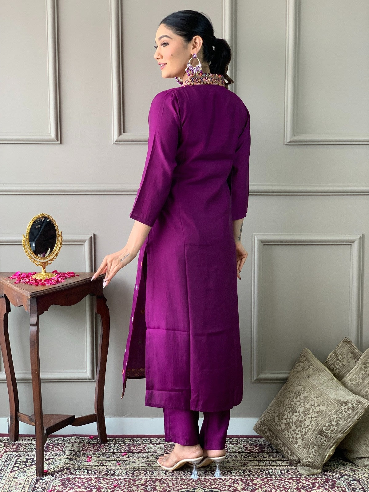 Back view of woman showcasing the elegant drape and fit of the purple Viscose Chanderi kurta and pant set from TRENDBUY.