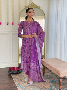 TRENDBUY Exquisite Purple Hand Mirrored Kurti with Pant & Chinon Dupatta Set - MV-6022