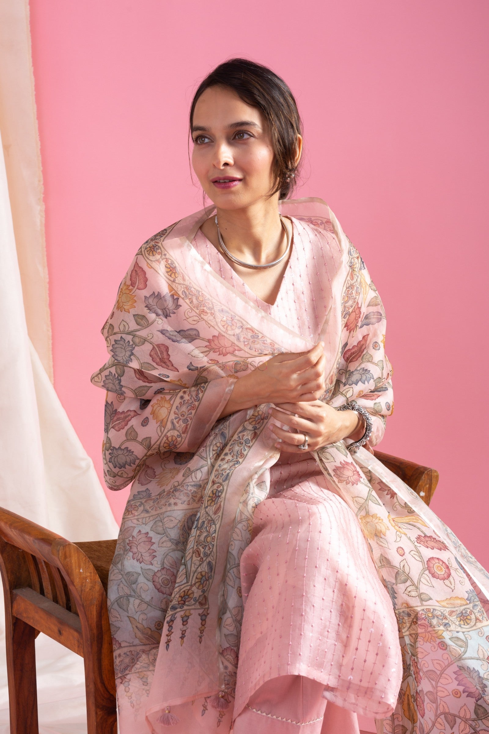 TRENDBUY Elegant Viscose Chanderi Embroidered Kurti with Pant & Floral Organza Dupatta Set