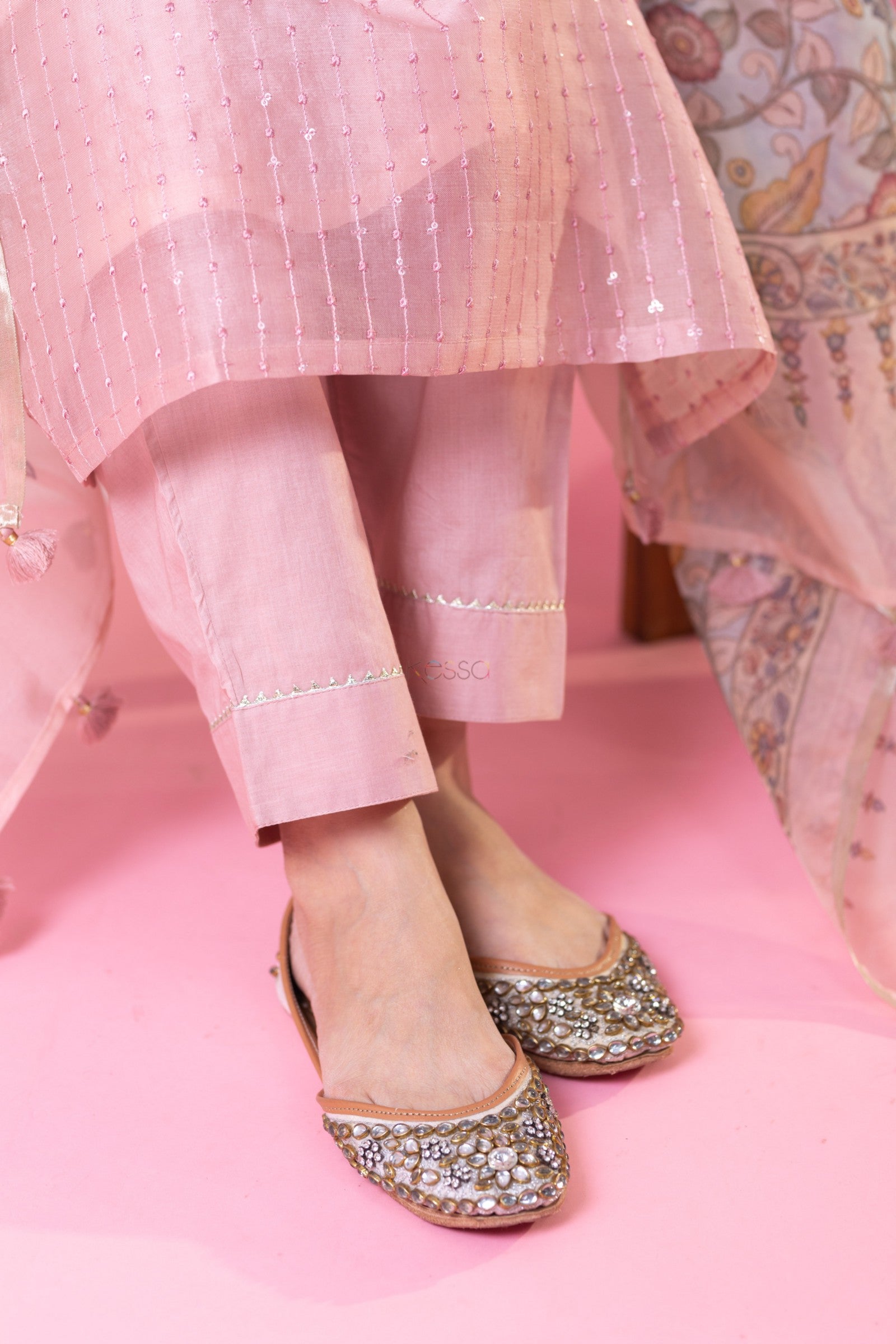 TRENDBUY Elegant Viscose Chanderi Embroidered Kurti with Pant & Floral Organza Dupatta Set