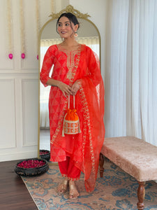 TRENDBUY MV-6025 Elegant Orange French Crepe Kurti Set with Gadhwal Pant & Embroidered Organza Dupatta