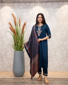 Elegant Chanderi Silk Kurta Pant Dupatta Set | Hand-Printed Embroidery | TRENDBUY