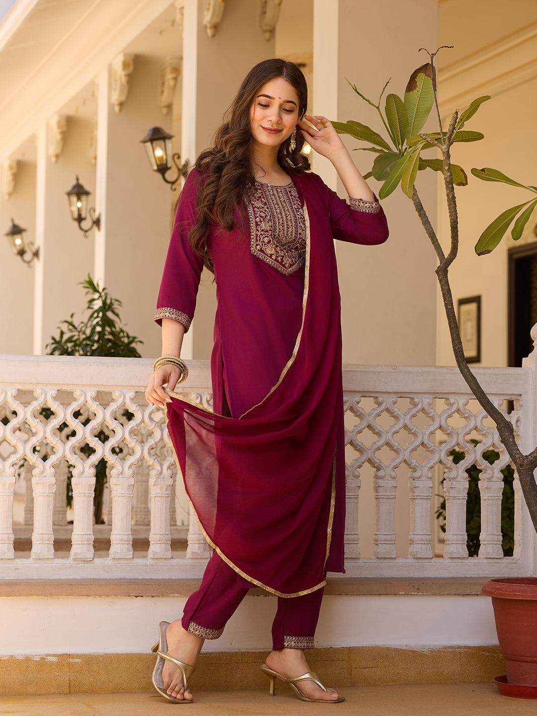 TRENDBUY MV-6029 Rayon Embroidered Kurti Set with Chinon Dupatta for Women