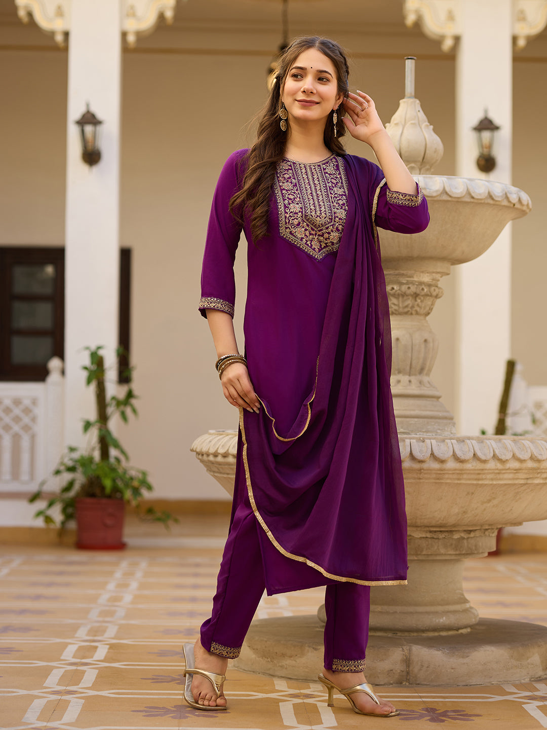 TRENDBUY MV-6029 Rayon Embroidered Kurti Set with Chinon Dupatta for Women
