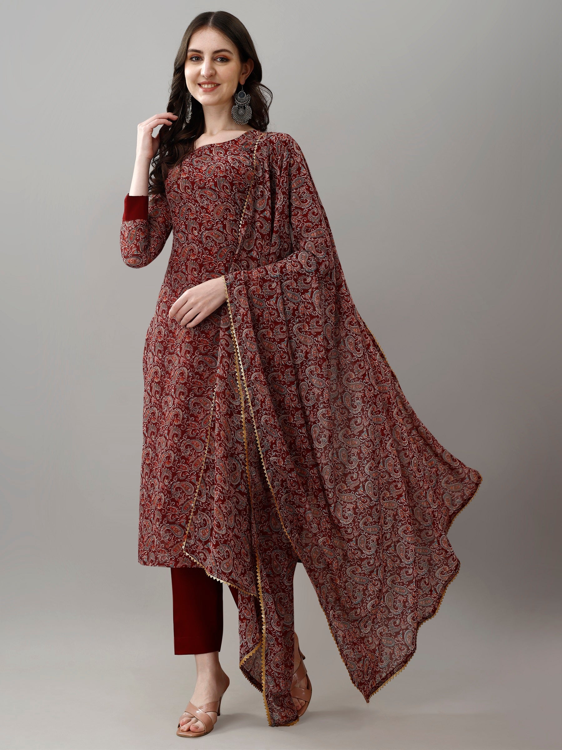 TRENDBUY MV-6030 Faux Georgette embroidered kurti set with pants and dupatta, front view of model smiling