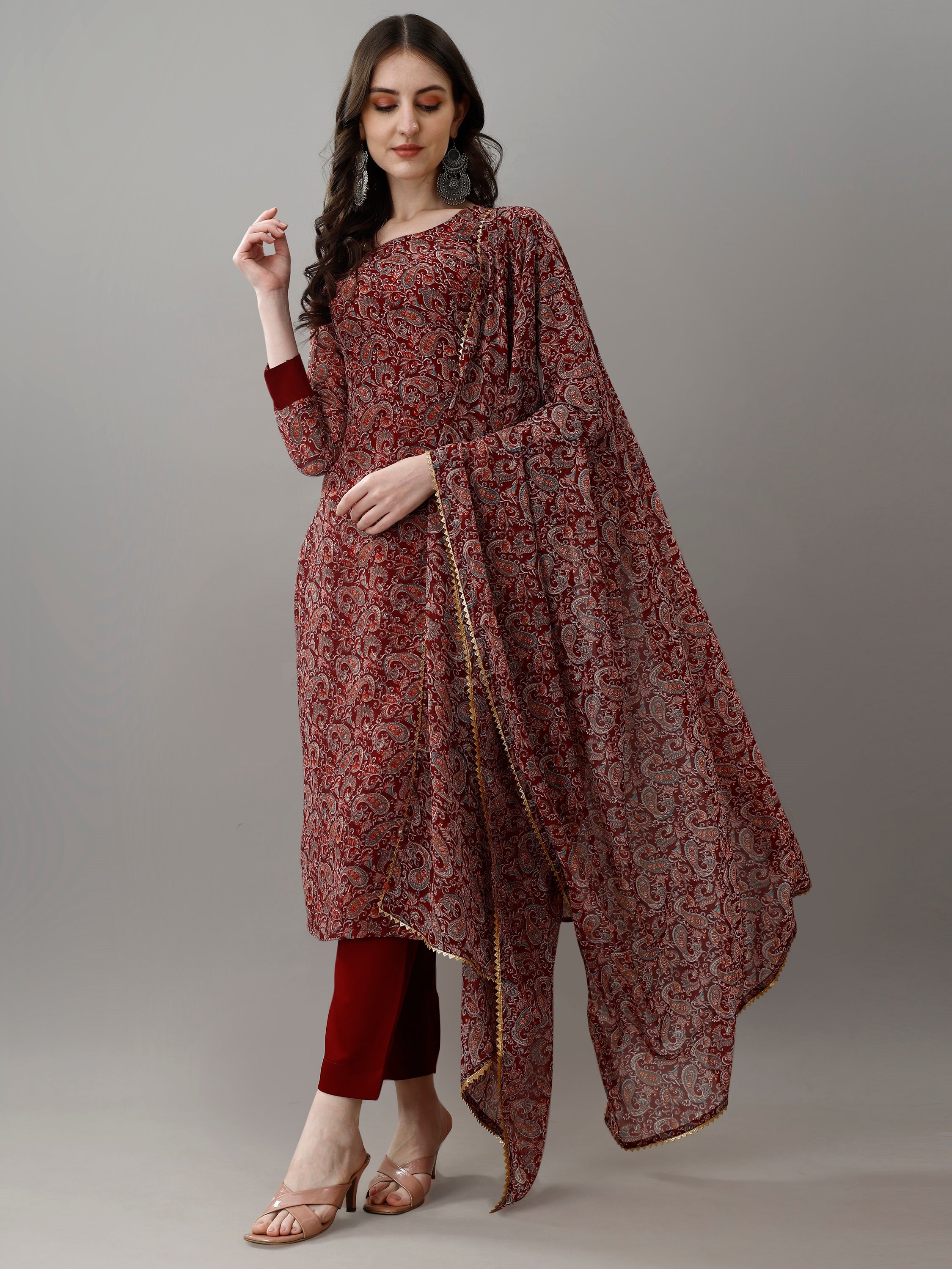 Model showcasing the TRENDBUY MV-6030 maroon kurti set, full-length pose with dupatta elegantly draped