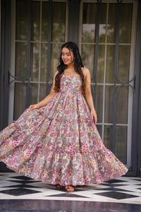 TRENDBUY Elegant Floral Print Poly Rayon Tiered Western Maxi Dress