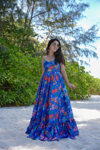 TRENDBUY MVF-204: Vibrant Floral Print Poly Rayon Western Maxi Dress with Cut-Out Detail