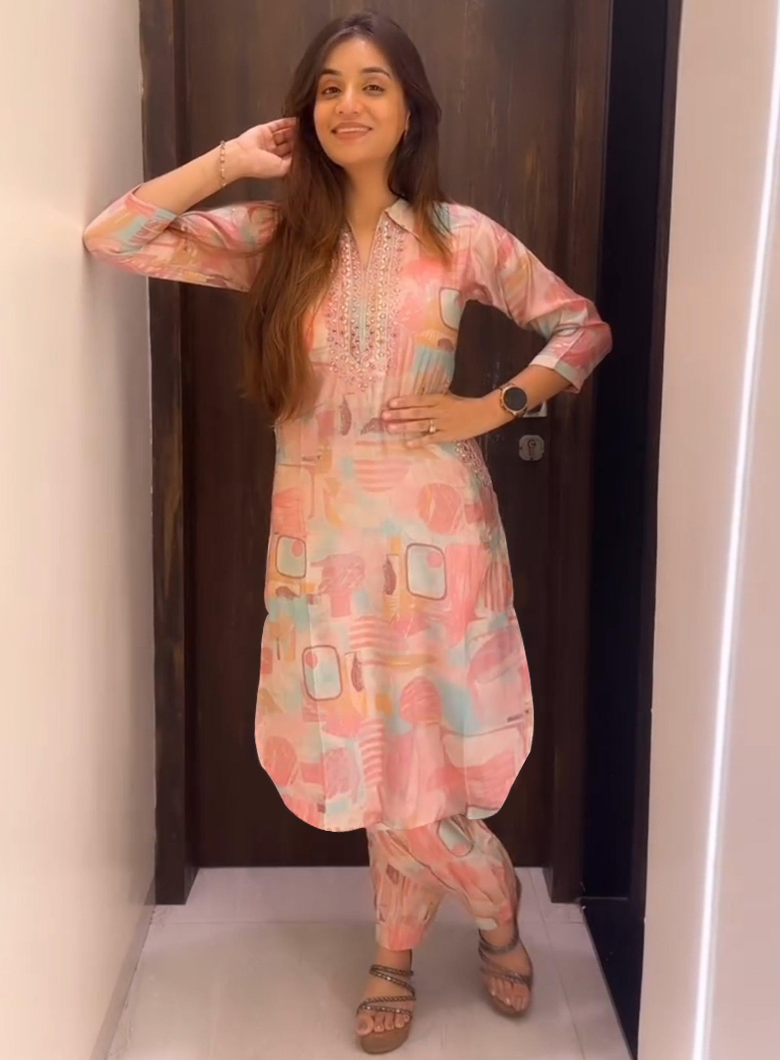 TrendBuy MAHEK 2 Elegant Co-Ord Set with Neck Pocket & Authentic Mirror Accents Pink