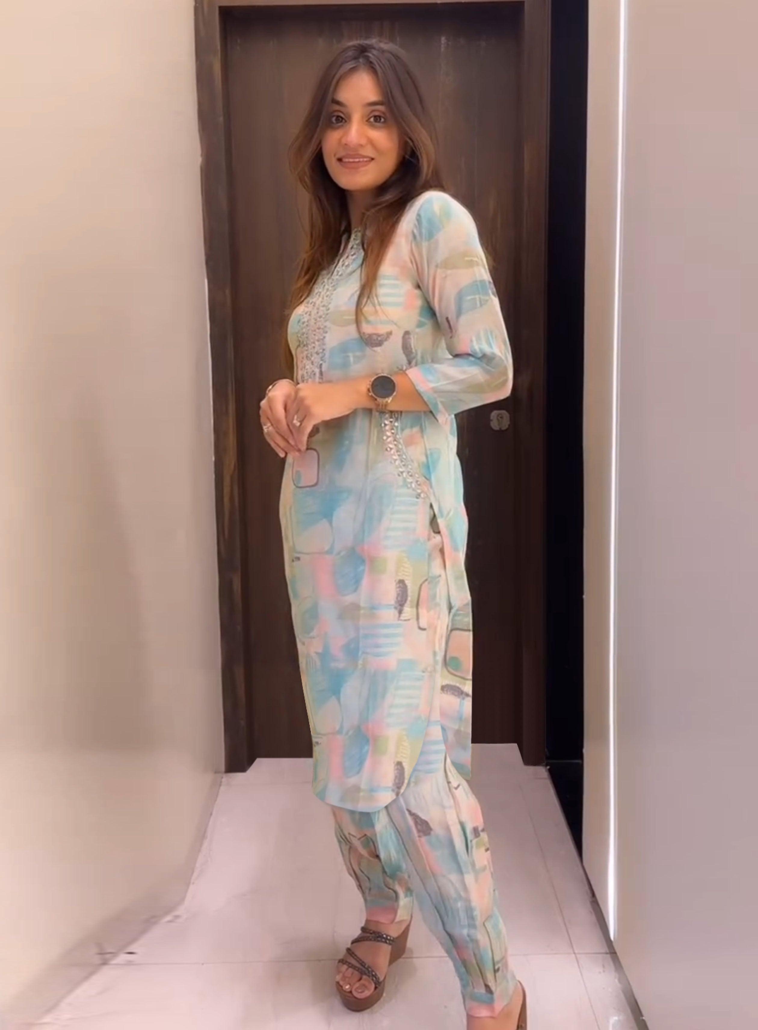 TrendBuy MAHEK 2 Elegant Co-Ord Set with Neck Pocket & Authentic Mirror Accents SKY BLUE