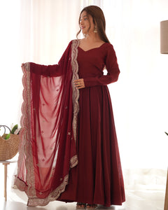 Maroon Anarkali Gown Dupatta Pant Set | TRENDBUY