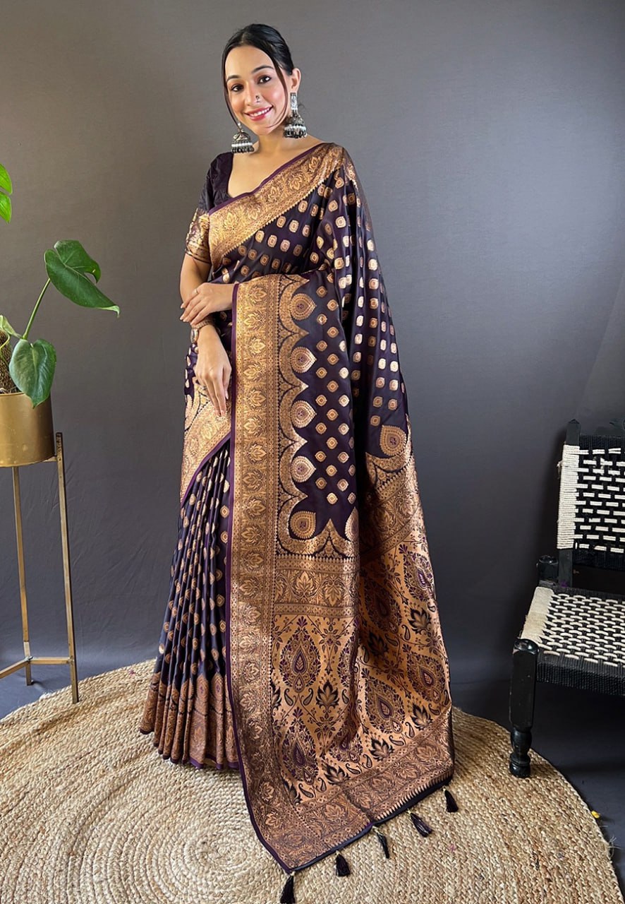 Maroon Banarasi Katan silk saree with rich Zari woven details