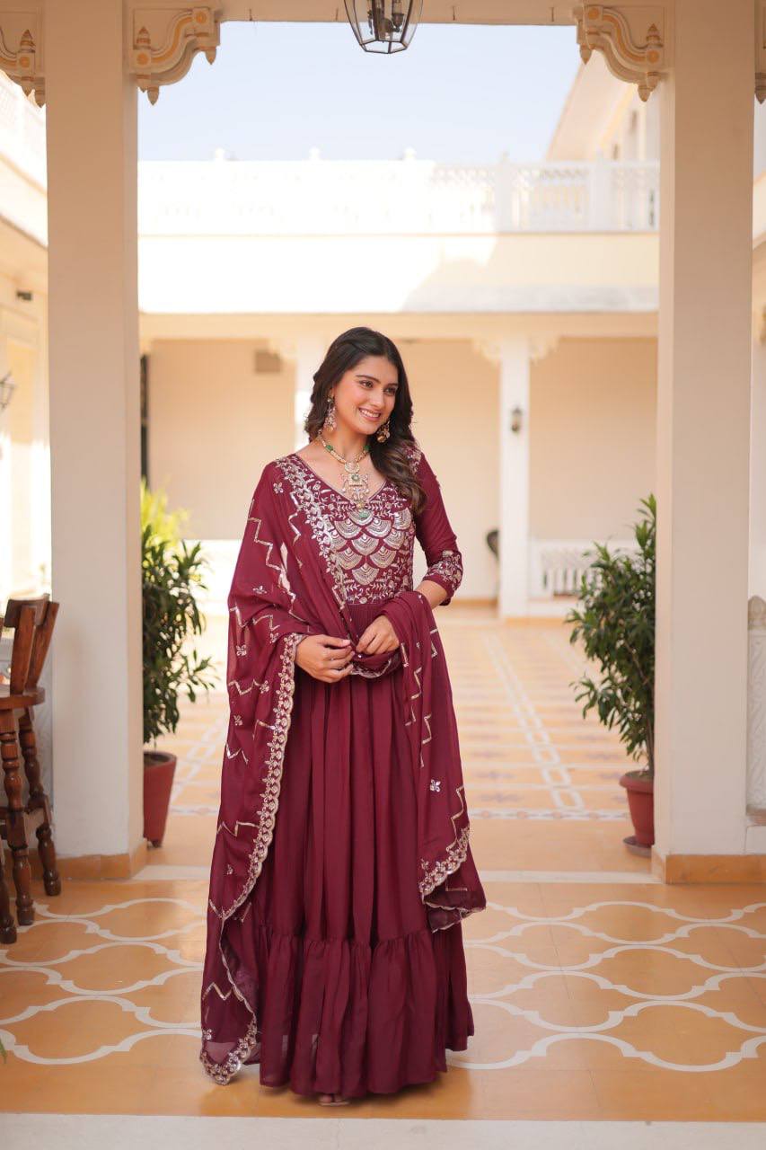 Elegant maroon georgette sequence work gown