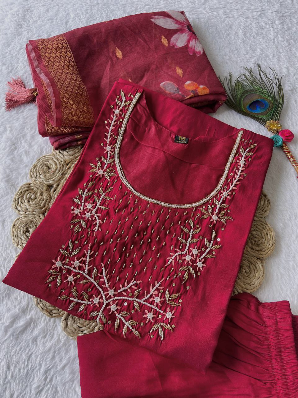 Maroon handwork kurti pant with dupatta set