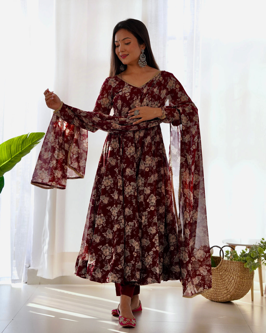 Women's maroon printed Anarkali gown, pant & dupatta set
