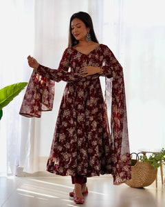 Maroon Printed Anarkali Gown With Pant & Dupatta Set | TRENDBUY