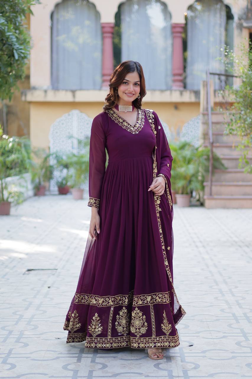 Maroon Readymade Georgette Long Gown