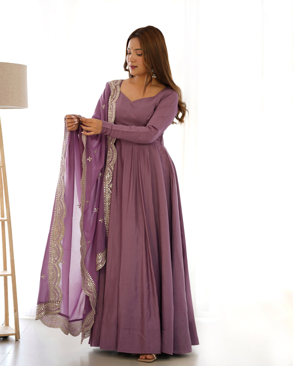 Mauve Pink Anarkali Gown Dupatta Pant Set worn by model
