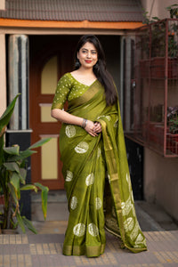 Mehendi Green Batik Printed Cotton Sari | TRENDBUY
