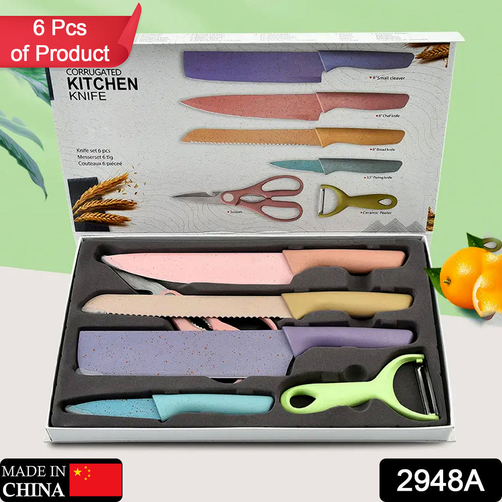 Colorful 6-piece professional chef kitchen knives set, high carbon stainless steel, non-stick sharp blades.