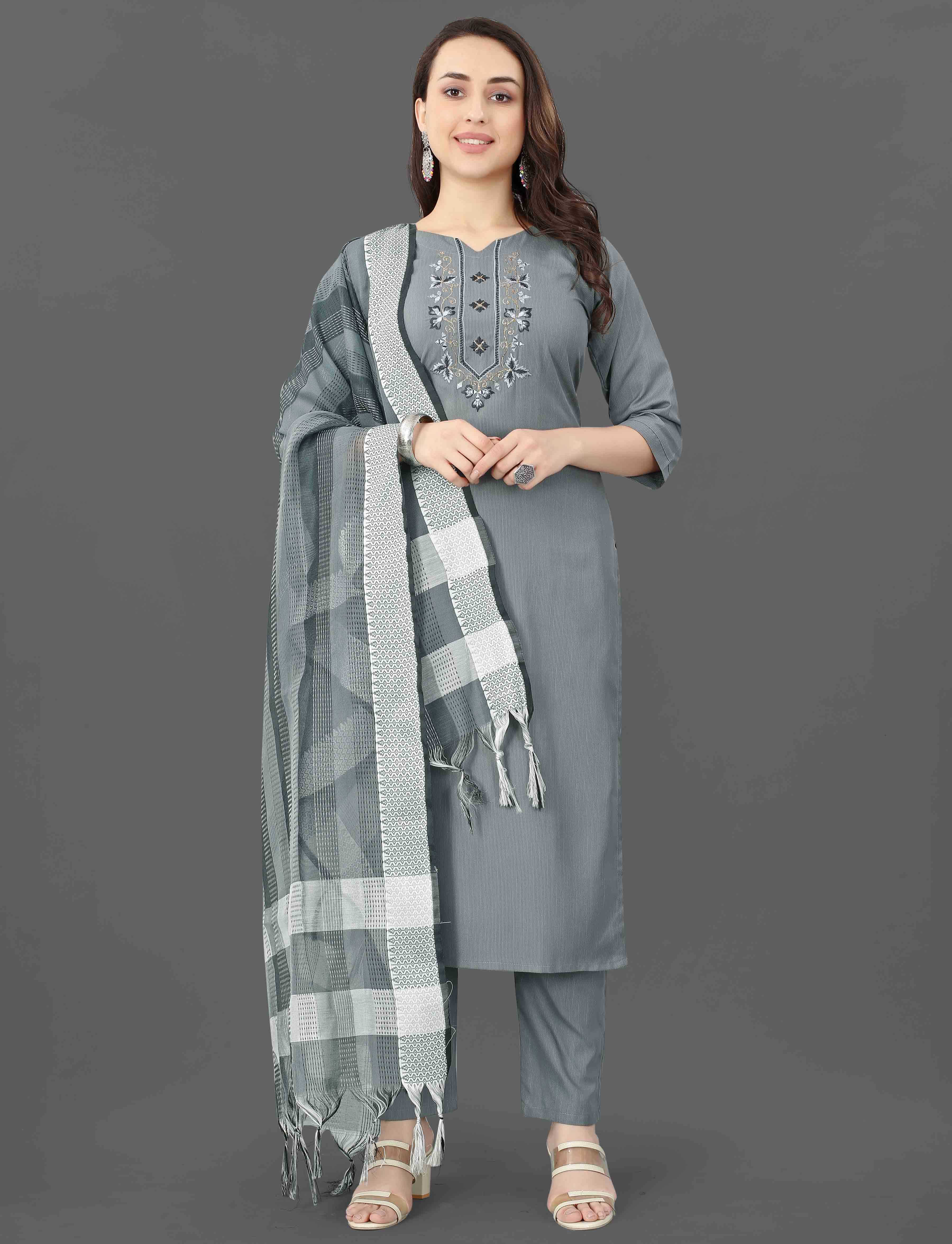Full front view of a smiling woman modeling the TRENDBUY Mohini grey embroidered kurti set with dupatta.
