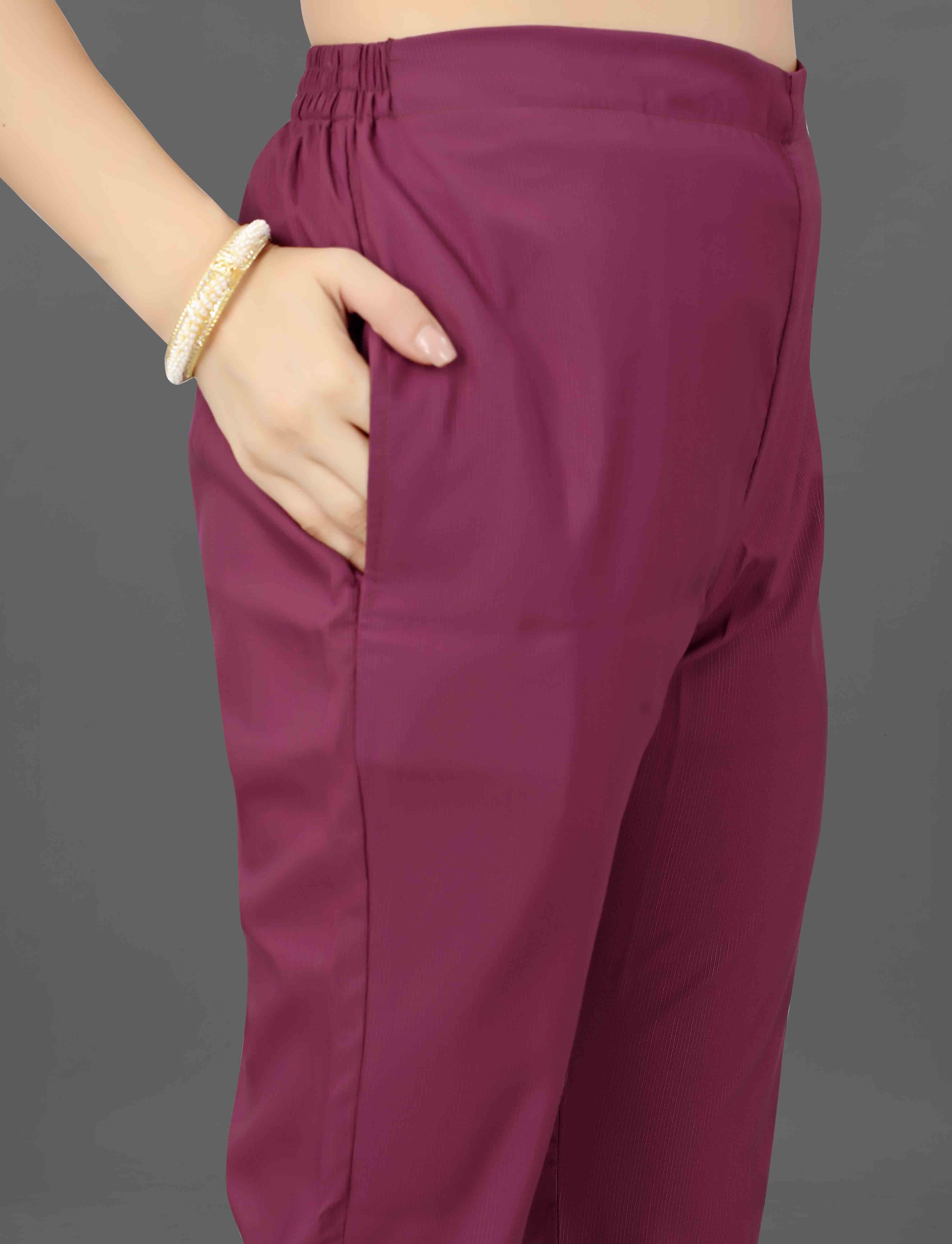 Close-up of the comfortable maroon cotton blend pant with practical side pockets from the TRENDBUY Mohini kurti set.
