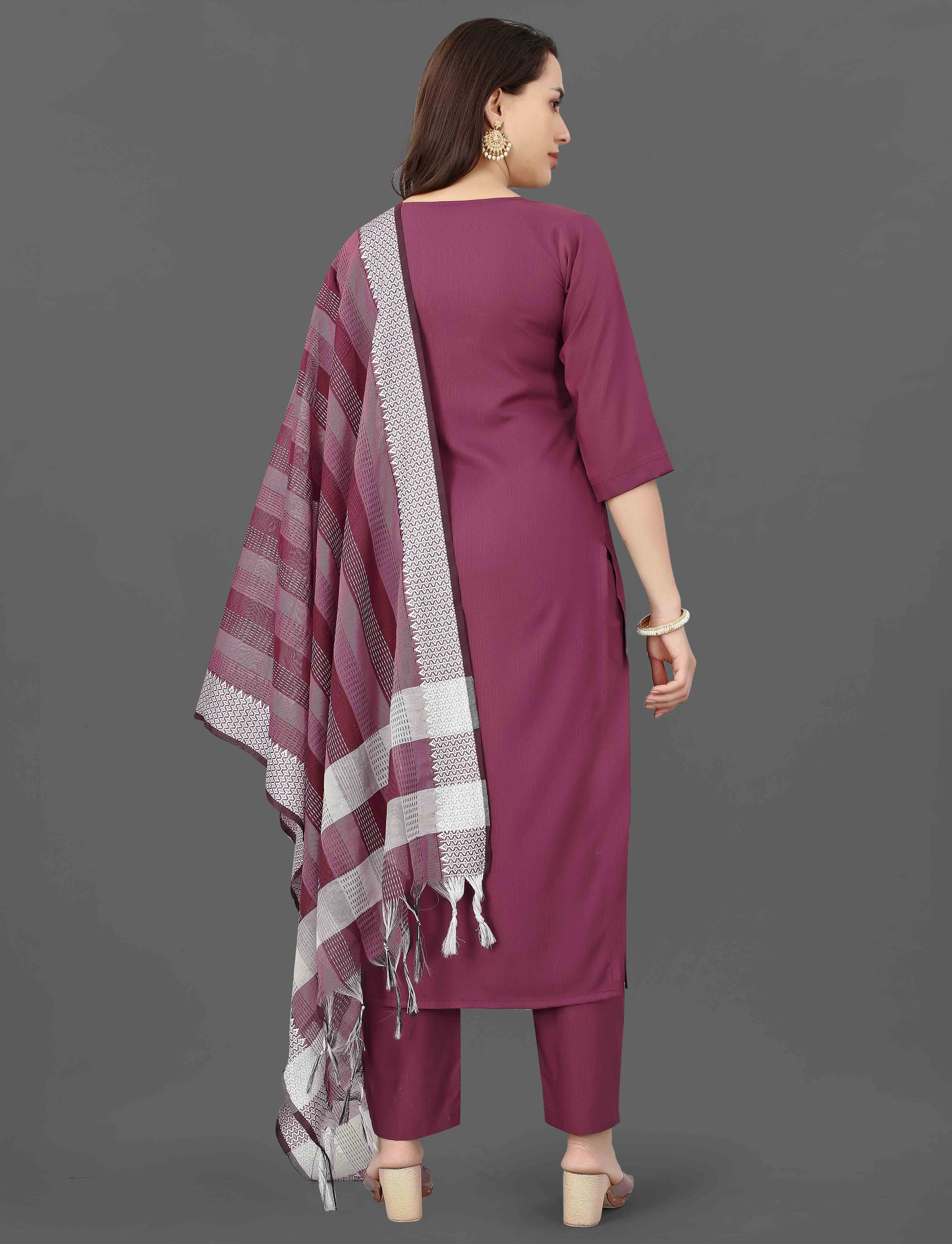Rear view of the elegant maroon TRENDBUY Mohini kurti set, showcasing the simple back and draping dupatta.