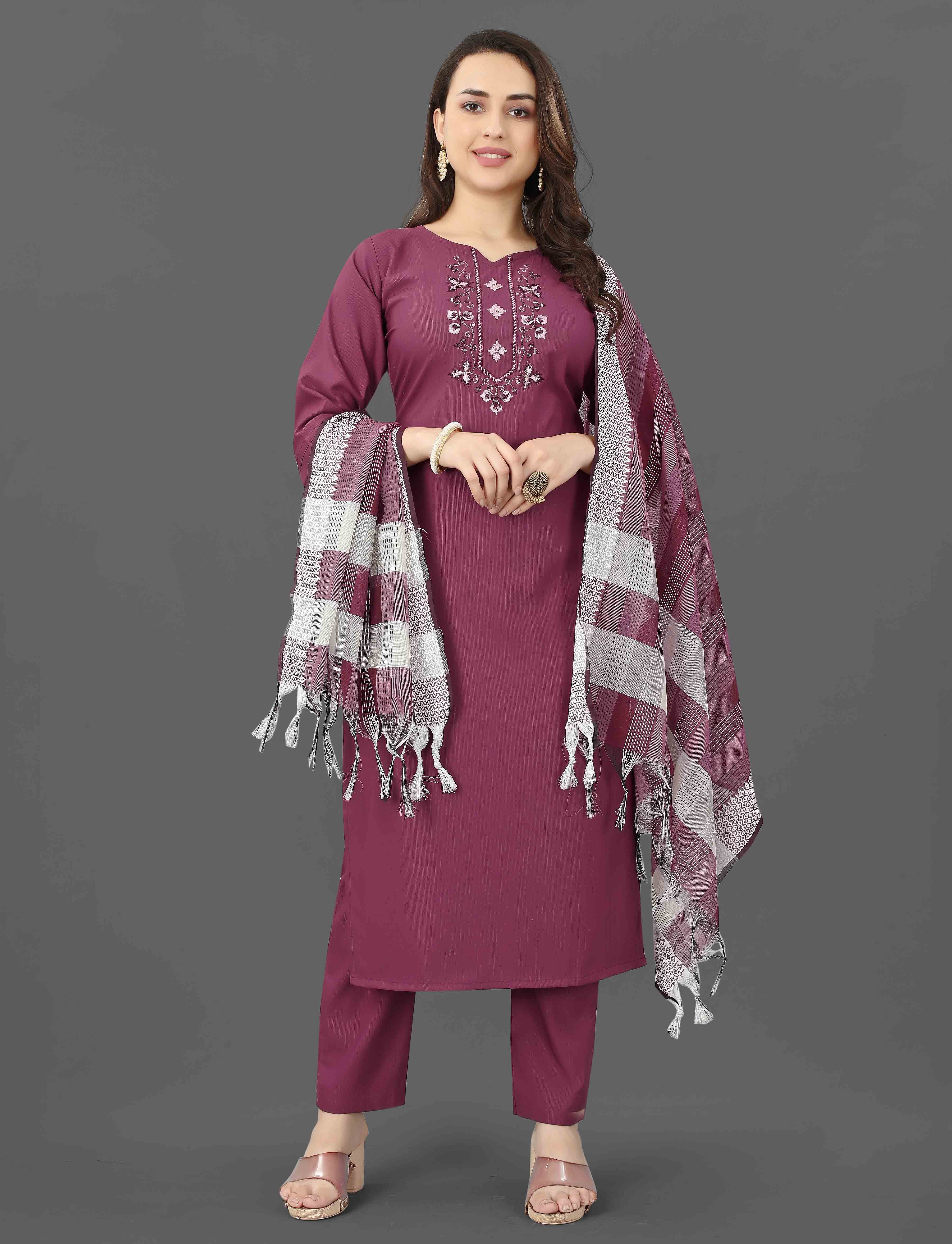 Full front view of a smiling woman modeling the TRENDBUY Mohini maroon embroidered kurti set with dupatta.