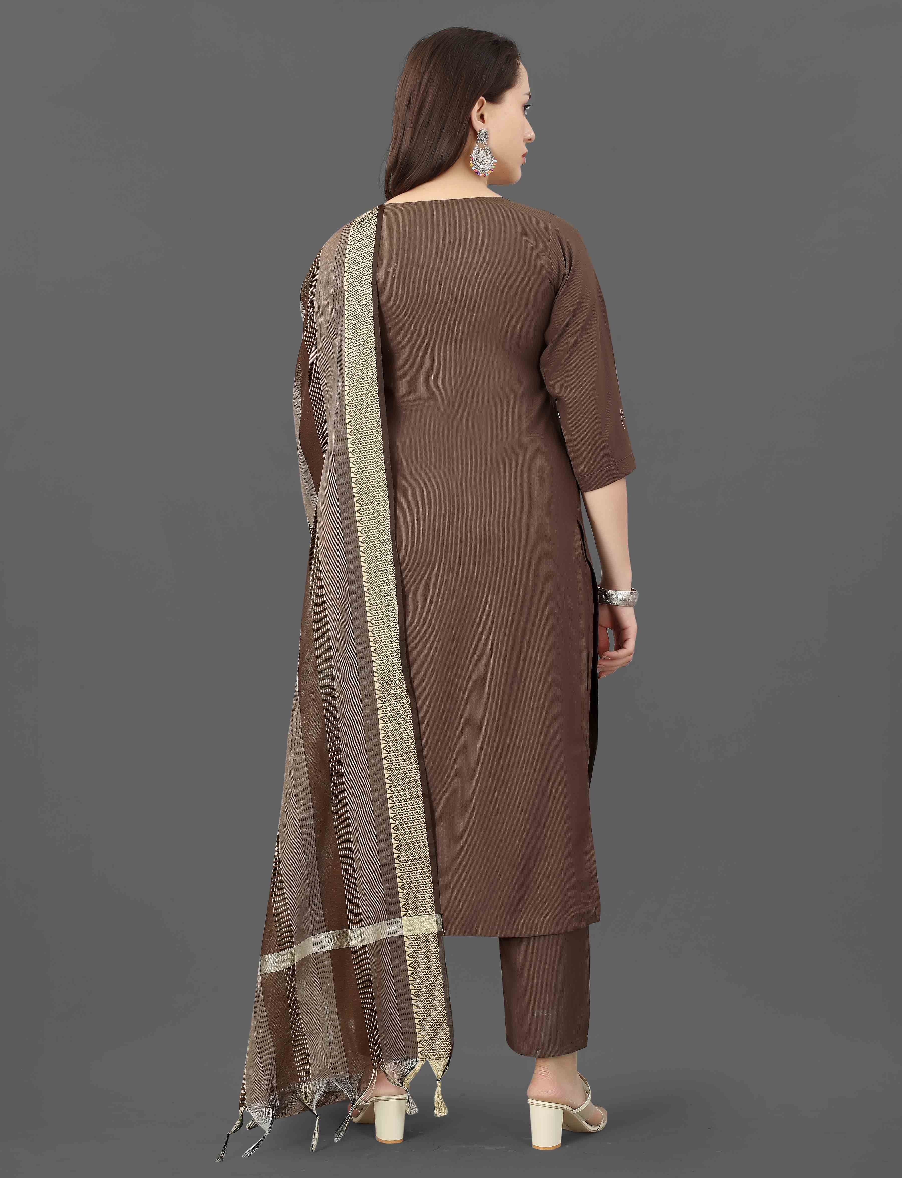 Rear view of the elegant brown TRENDBUY Mohini kurti set, showcasing the simple back and draping dupatta.
