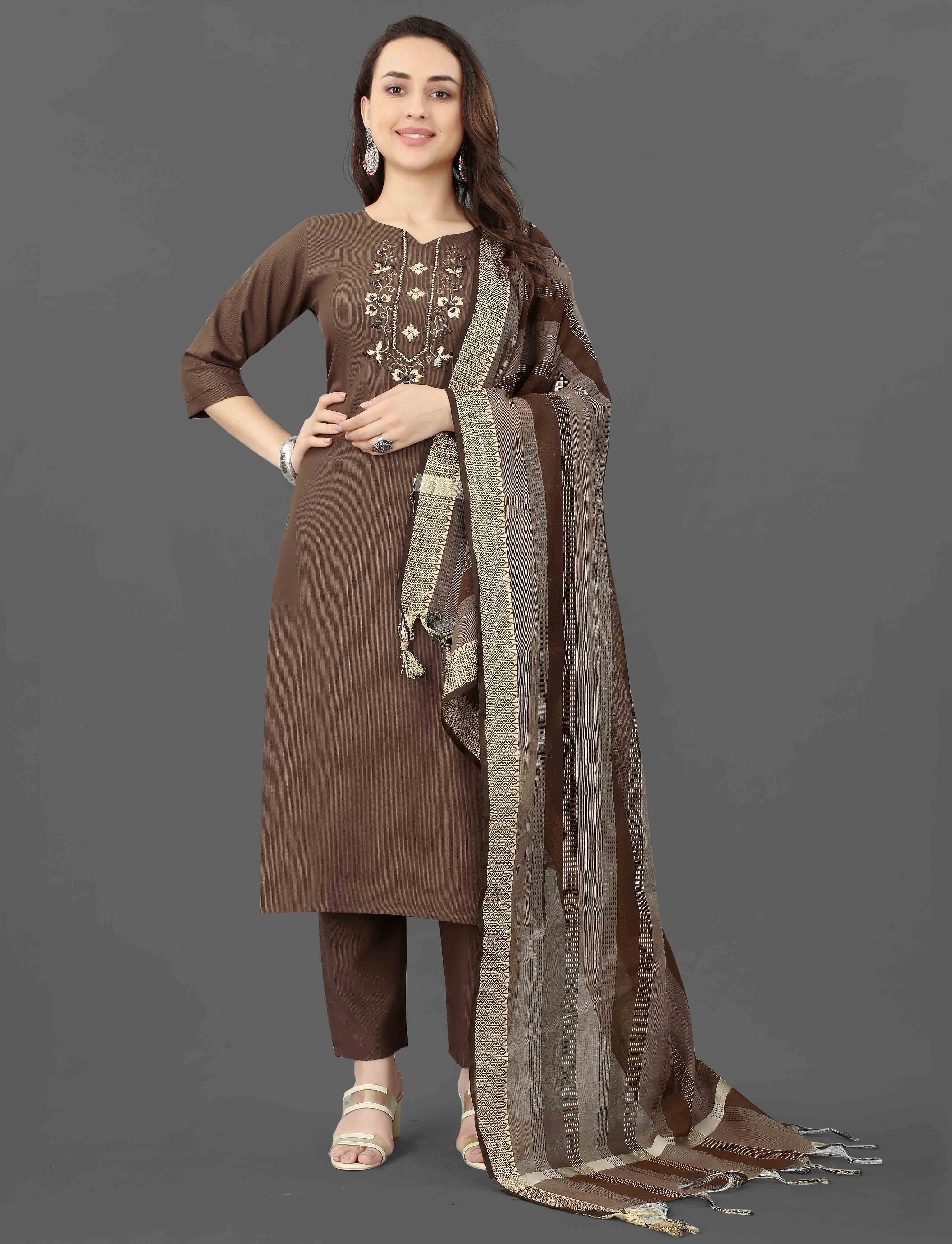 Full front view of a smiling woman modeling the TRENDBUY Mohini brown embroidered kurti set with dupatta.