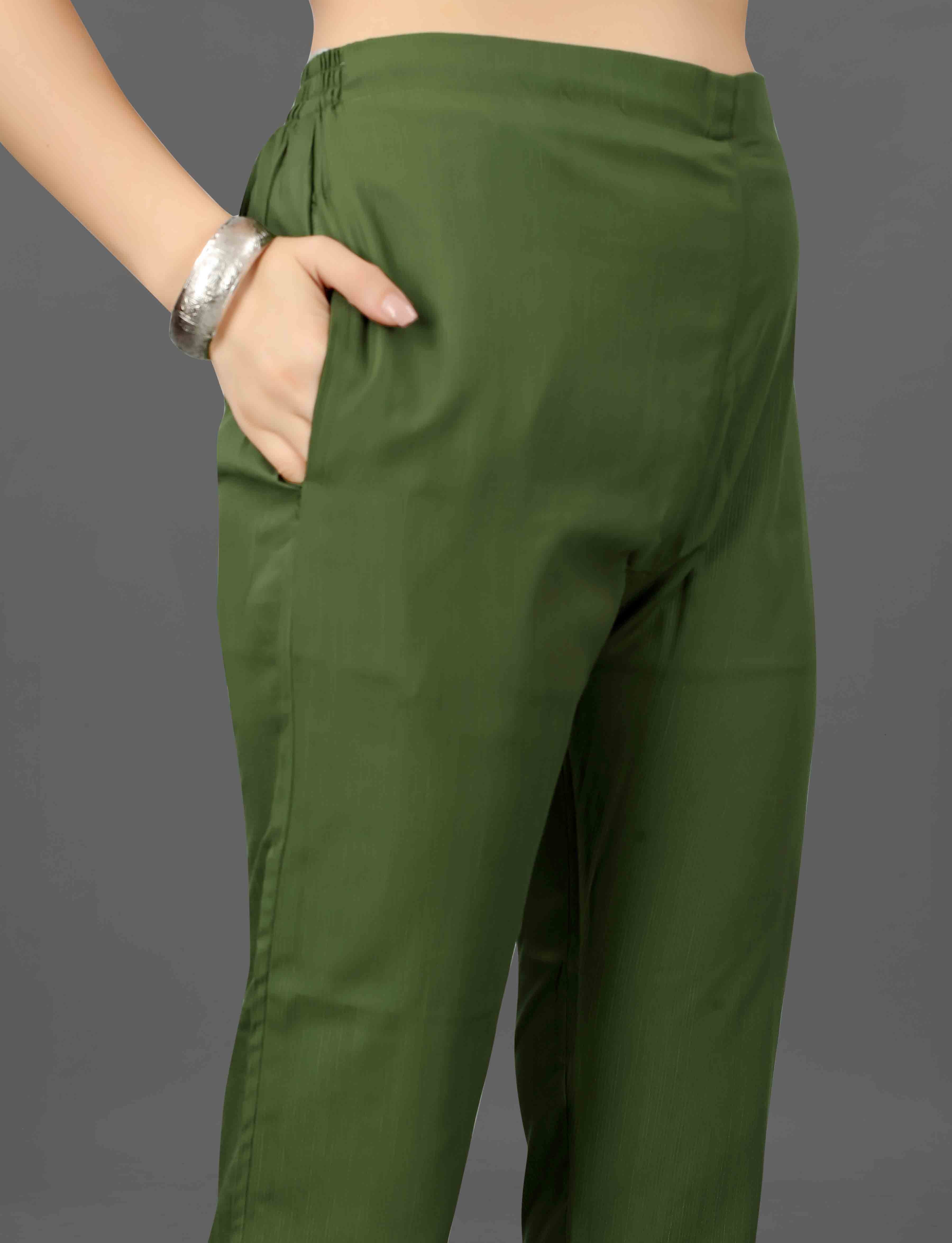 Close-up of the comfortable green cotton blend pant with practical side pockets from the TRENDBUY Mohini kurti set.